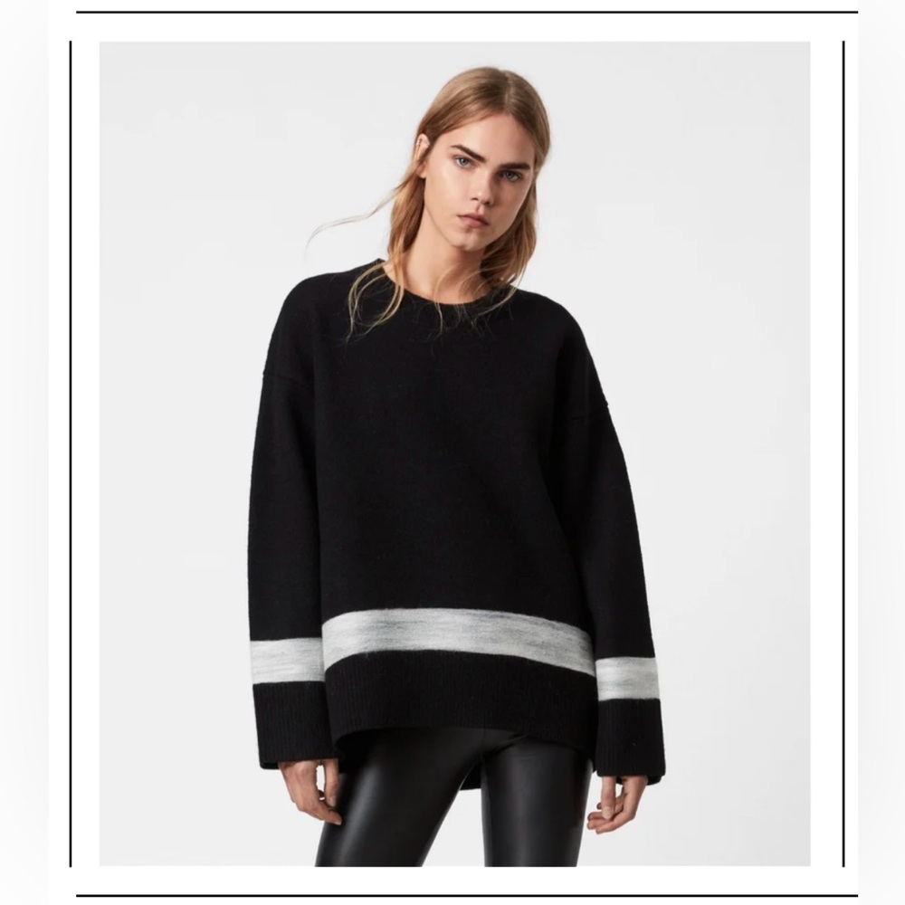 All Saints Black & White Pru Crewneck Sweater 100% Merino Wool- New Without Tags